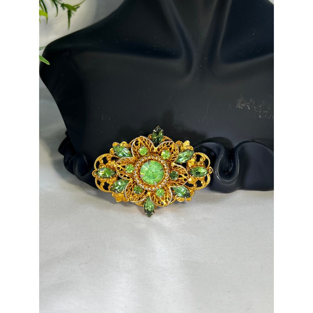 Peridot Green Rhinestone Filigree Brooch W German Design 1950s Vintage Jewelry